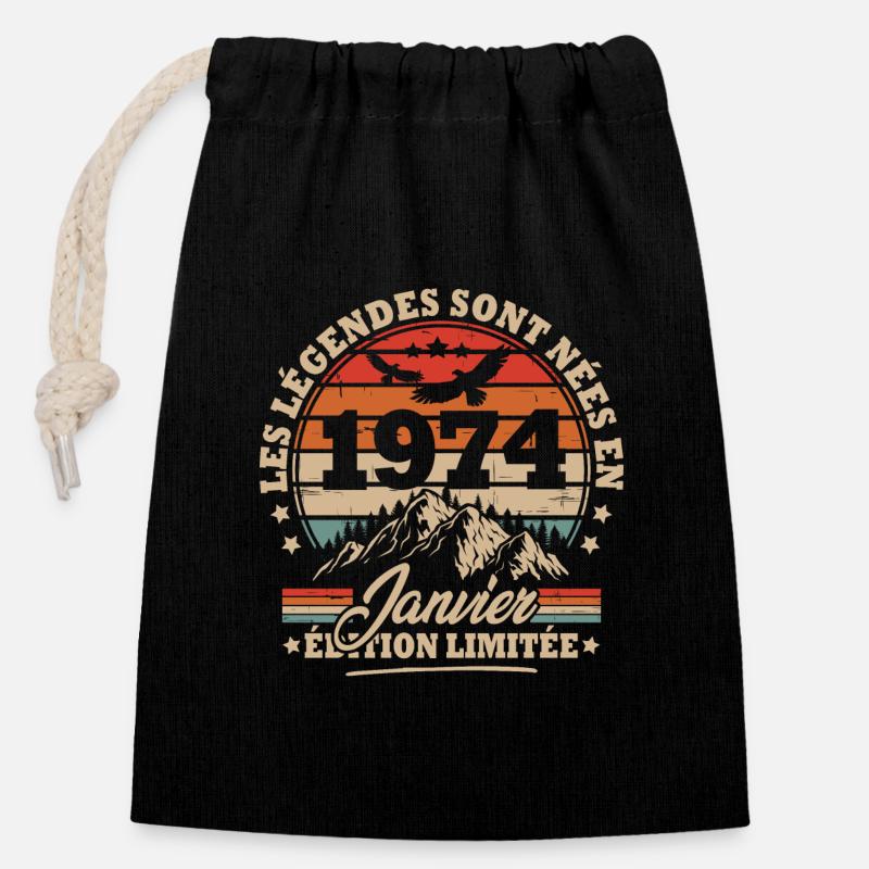 Cadeau D'anniversaire Nées En Janvier 1974 - Sac cadeau en coton avec cordon (14 x 20 cm) - noir