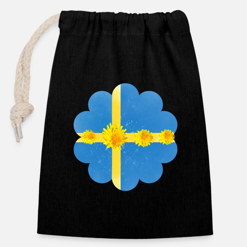 Sweden Dandelion Blossoms Sweden Flag - Closable cotton gift bag (14x20cm) - black