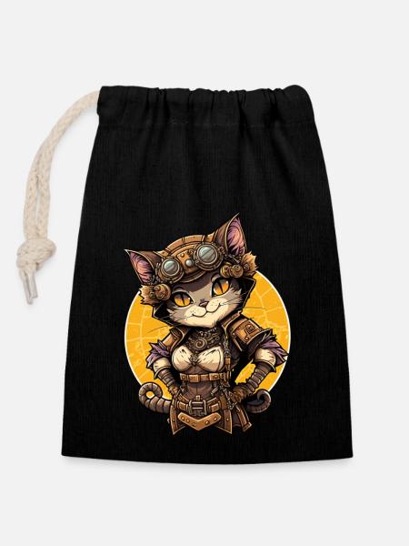 Steampunk Katze - Verschließbarer Geschenkbeutel aus Baumwolle (14x20cm) - Schwarz