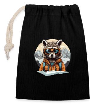 Raccoon Cool Ski in Bergen - Verschließbarer Geschenkbeutel aus Baumwolle (14x20cm) - Schwarz - Vorne