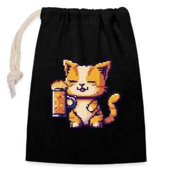 Cat Pixel Beer - Closable cotton gift bag (14x20cm) - black - Front