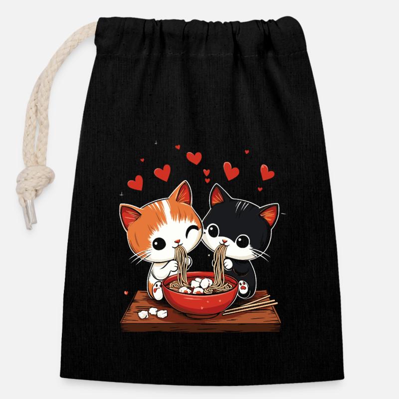 Süße Katzen essen eine Schüssel Ramen - Verschließbarer Geschenkbeutel aus Baumwolle (14x20cm) - Schwarz