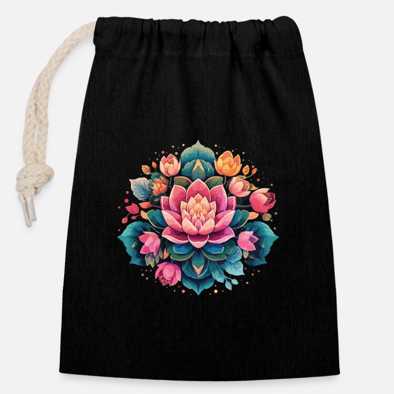 Mandala méditatif de fleur de lotus en fleurs - Sac cadeau en coton avec cordon (14 x 20 cm) - noir