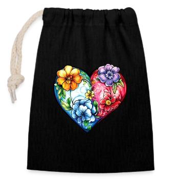 Herz Bunt Ornament Blumen - Verschließbarer Geschenkbeutel aus Baumwolle (14x20cm) - Schwarz - Vorne