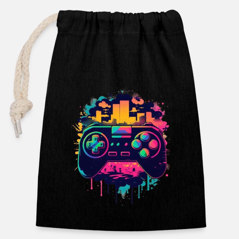 Console de jeu - Sac cadeau en coton avec cordon (14 x 20 cm) - noir