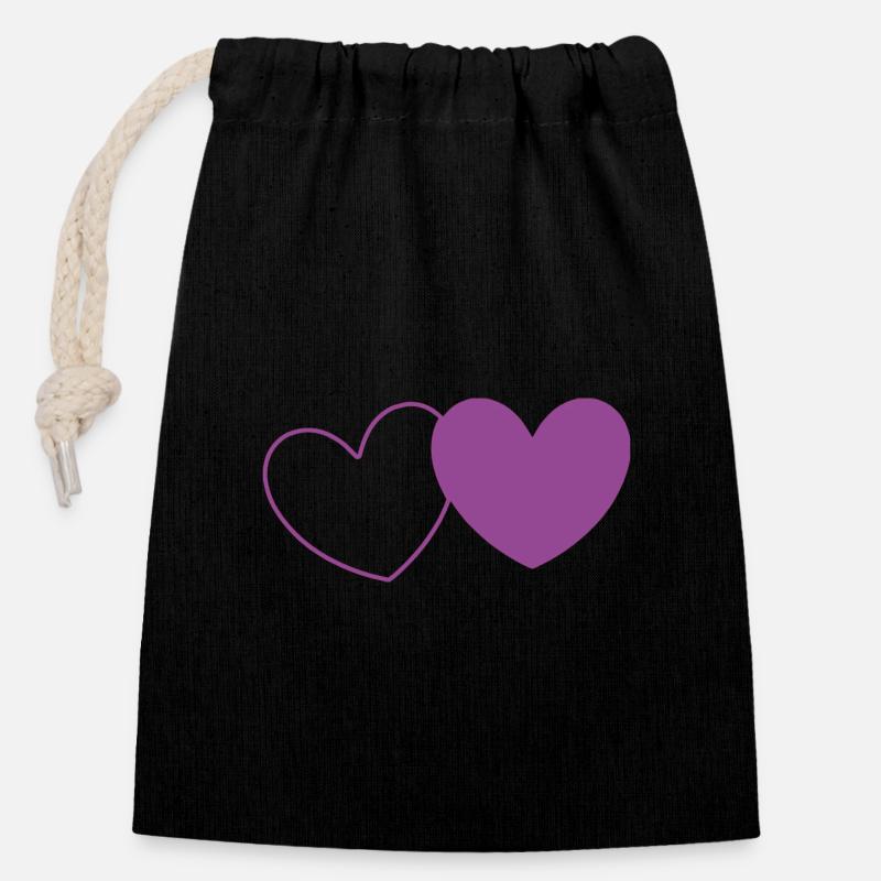Coeur Violet 2 Coeurs Saint Valentin - Sac cadeau en coton avec cordon (14 x 20 cm) - noir