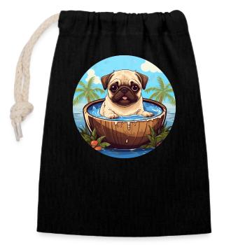 Summer Pug with Coconut Palm Sunset - Closable cotton gift bag (14x20cm) - black - Front