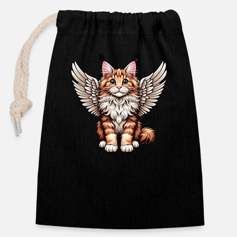 Maine Coon Cat - ange mignon avec des ailes - Sac cadeau en coton avec cordon (14 x 20 cm) - noir