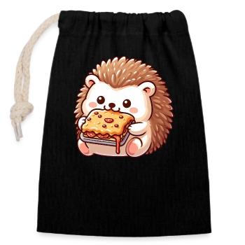 Cute hedgehog eating lasagna italian food - Closable cotton gift bag (14x20cm) - black - Front