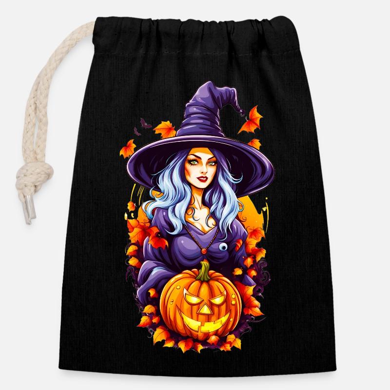 Sorcière d’Halloween avec tête de citrouille - Sac cadeau en coton avec cordon (14 x 20 cm) - noir
