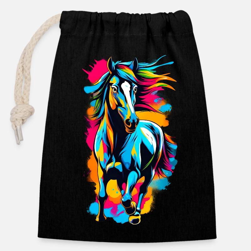 Cheval - Sac cadeau en coton avec cordon (14 x 20 cm) - noir