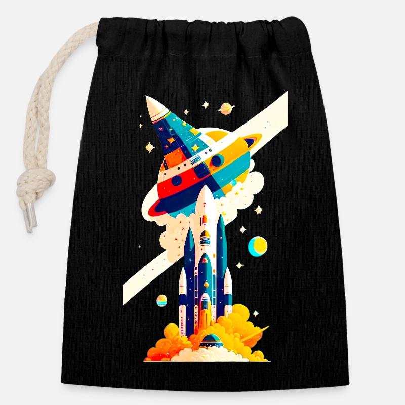 Space View / Rocket 02 - Closable cotton gift bag (14x20cm) - black