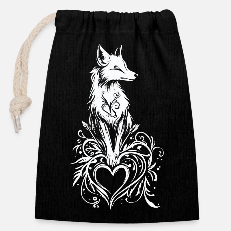 Mystischer Fuchs mit Herz und Flora - Verschließbarer Geschenkbeutel aus Baumwolle (14x20cm) - Schwarz