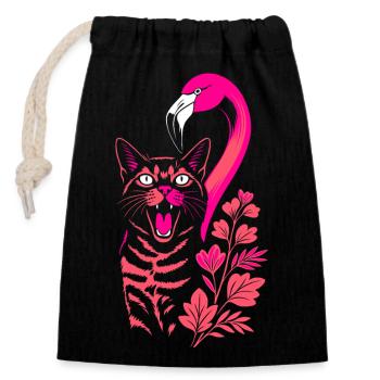 Tropical Cat & Flamingo - Summer 2025 - Closable cotton gift bag (14x20cm) - black - Front