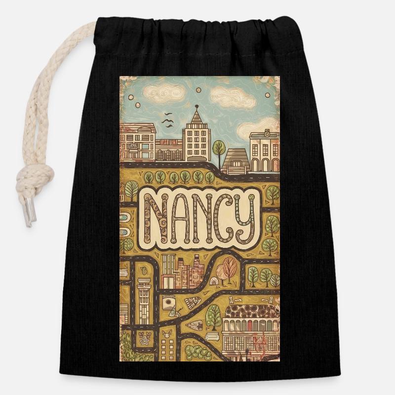 Paysage urbain de Nancy Rétro Carte Typographie - Sac cadeau en coton avec cordon (14 x 20 cm) - noir