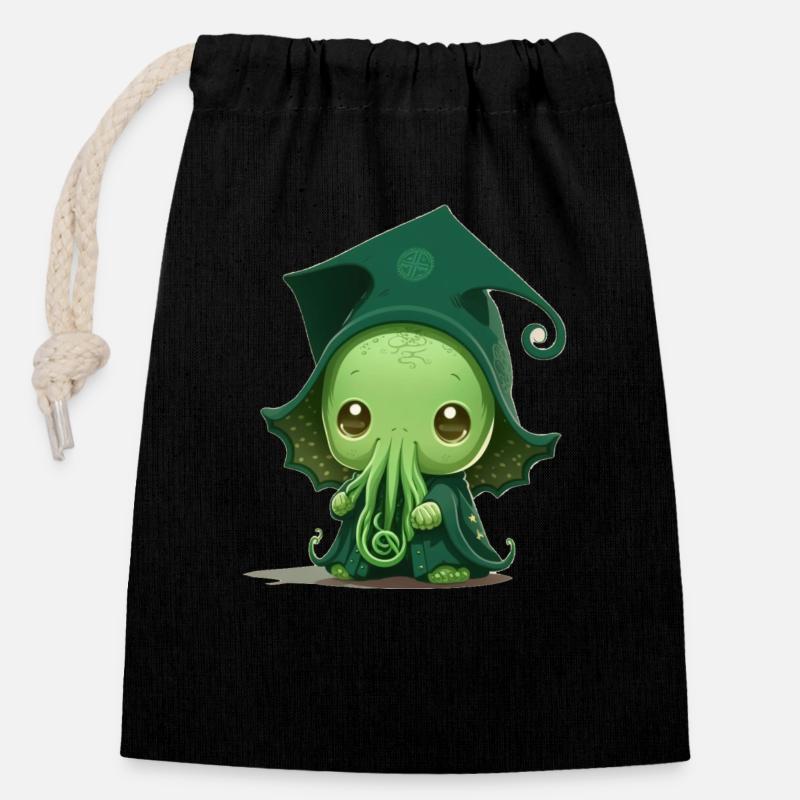 Un bébé mignon Cthulhu - Sac cadeau en coton avec cordon (14 x 20 cm) - noir