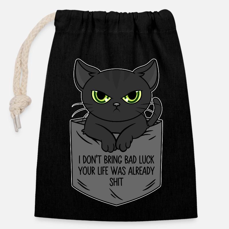 Poche poitrine chat noir Je n’apporte pas de malchance - Sac cadeau en coton avec cordon (14 x 20 cm) - noir