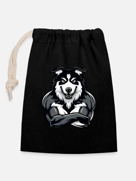Border Collie Chien Muscles Musculation - Sac cadeau en coton avec cordon (14 x 20 cm) - noir