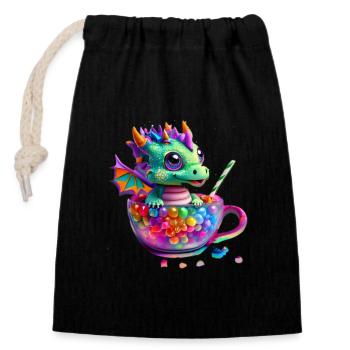 Little Cute Dragon in Cup Full of Candy - Closable cotton gift bag (14x20cm) - black - Front