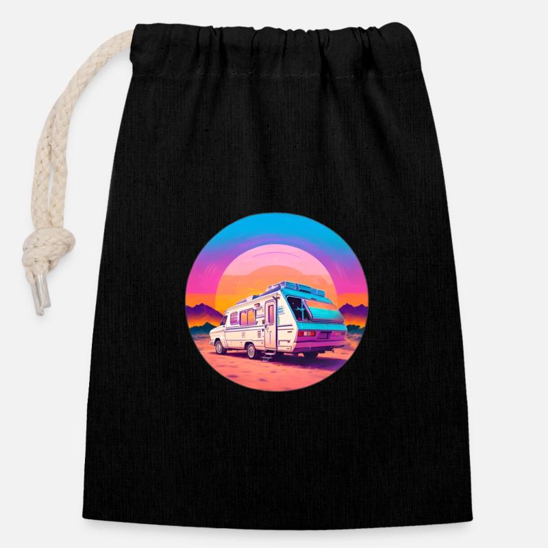 Caravane sur la plage au coucher du soleil - Sac cadeau en coton avec cordon (14 x 20 cm) - noir