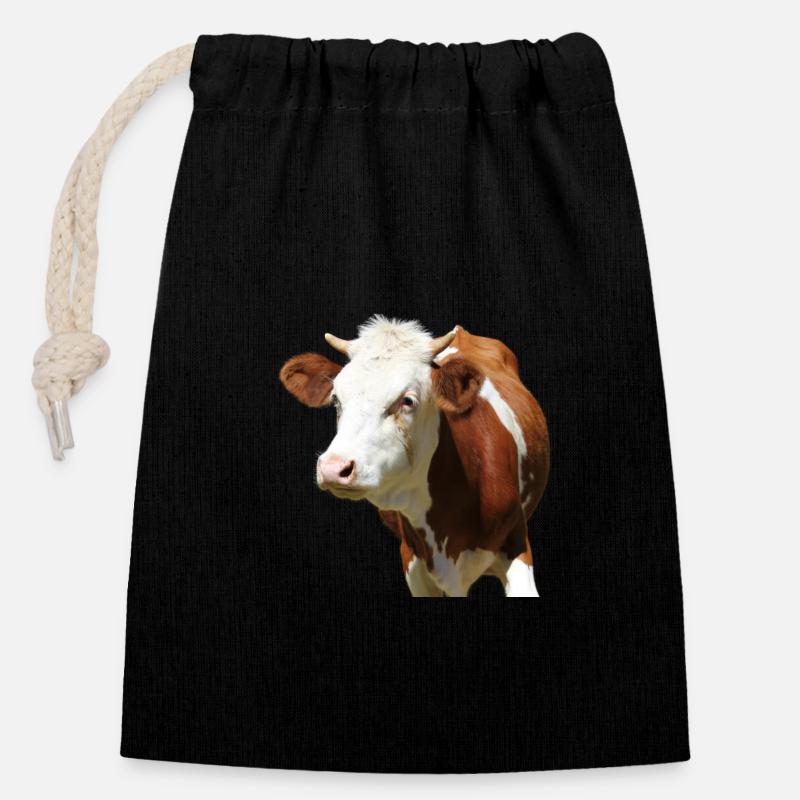 Vache - Sac cadeau en coton avec cordon (14 x 20 cm) - noir