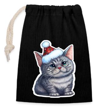 Chat de Noël, mignon et mignon avec une casquette - Sac cadeau en coton avec cordon (14 x 20 cm) - noir - Devant