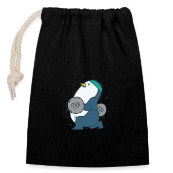 Pingouin fait du fitness avec des poids d’oiseau - Sac cadeau en coton avec cordon (14 x 20 cm) - noir - Devant