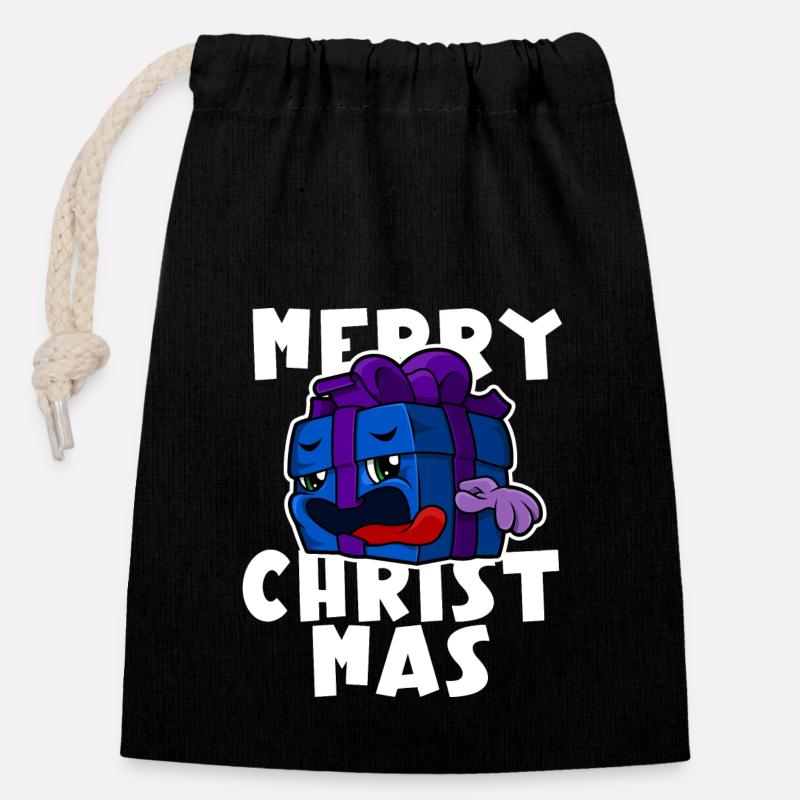 Joyeux Noël - Dessin animé de cadeau de Noël - Sac cadeau en coton avec cordon (14 x 20 cm) - noir