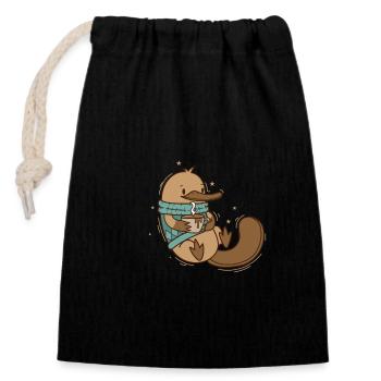 Platypus in winter with coffee - Closable cotton gift bag (14x20cm) - black - Front