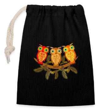 Three colorful owls with pine tree branches - Closable cotton gift bag (14x20cm) - black - Front