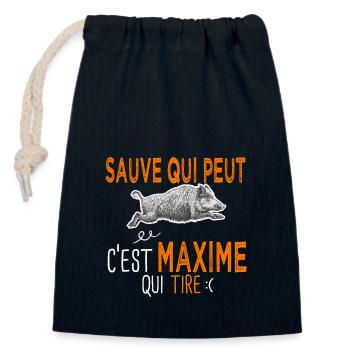 Maxime c est maxime qui tire Humour Chasseur - Sac cadeau en coton avec cordon (14 x 20 cm) - bleu marine - Devant