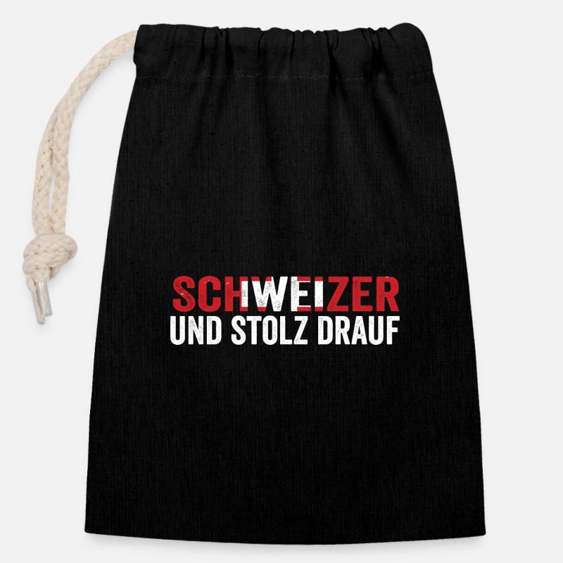 Swiss Switzerland - Closable cotton gift bag (14x20cm) - black