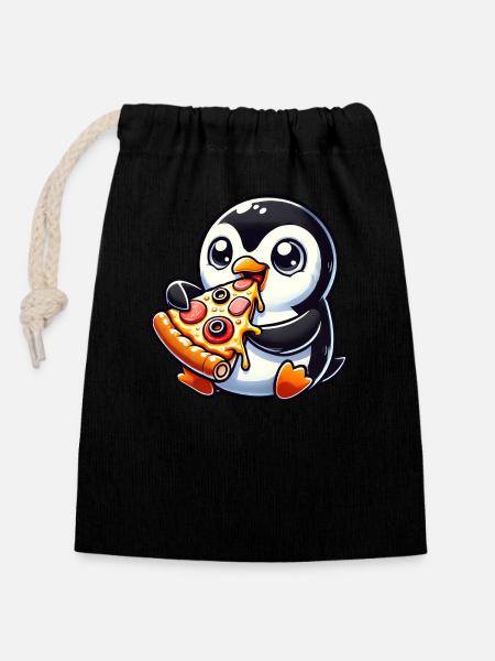 Śmieszny pingwin Pizza Oliwki Ser Fast Food - Ściągany sznurkiem worek na prezenty (14 x 20 cm) - czarny