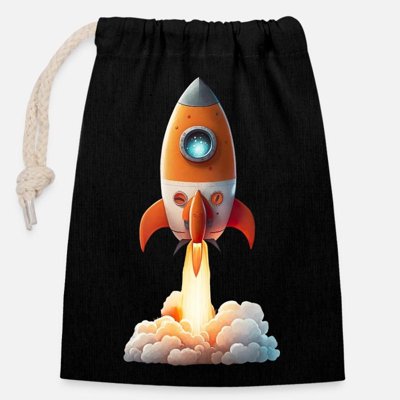 Fusée - Sac cadeau en coton avec cordon (14 x 20 cm) - noir
