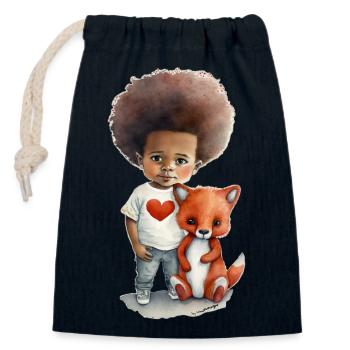 Children with wolf and heart motif - Closable cotton gift bag (14x20cm) - navy - Front