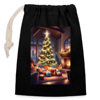 Gemütliches Weihnachtshaus - Verschließbarer Geschenkbeutel aus Baumwolle (14x20cm) - Schwarz - Vorne