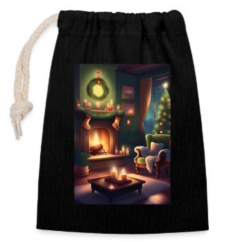 Grünes Weihnachtshaus - Verschließbarer Geschenkbeutel aus Baumwolle (14x20cm) - Schwarz - Vorne