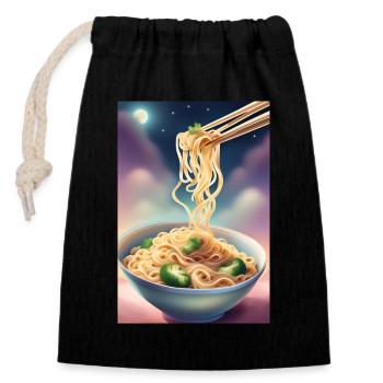 A nightly snack: bowl of noodles with broccoli - Closable cotton gift bag (14x20cm) - black - Front
