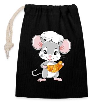 Happy chef mouse with a croissant - Closable cotton gift bag (14x20cm) - black - Front