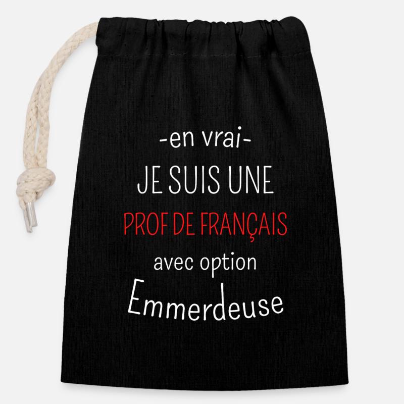 Prof de Français avec option Emmerdeuse - Sac cadeau en coton avec cordon (14 x 20 cm) - noir