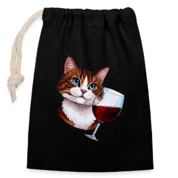 Katze mit Rotwein - Verschließbarer Geschenkbeutel aus Baumwolle (14x20cm) - Schwarz - Vorne