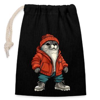 Robbe Tier Fashion Winter - Verschließbarer Geschenkbeutel aus Baumwolle (14x20cm) - Schwarz - Vorne