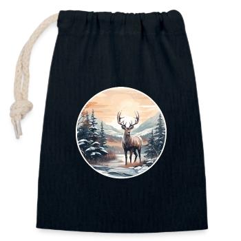 Winterlandschaft mit Hirsch - Verschließbarer Geschenkbeutel aus Baumwolle (14x20cm) - Navy - Vorne