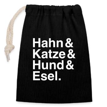 Hahn & Katze & Hund & Esel. - Verschließbarer Geschenkbeutel aus Baumwolle (14x20cm) - Schwarz - Vorne