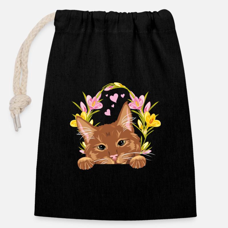 Niedliche Ingwerkatze mit Blumenkranz - Verschließbarer Geschenkbeutel aus Baumwolle (14x20cm) - Schwarz