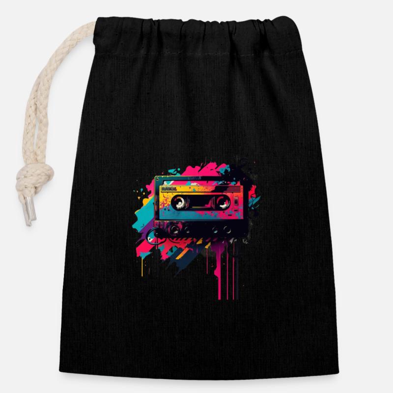 Mixtape rétro - Sac cadeau en coton avec cordon (14 x 20 cm) - noir