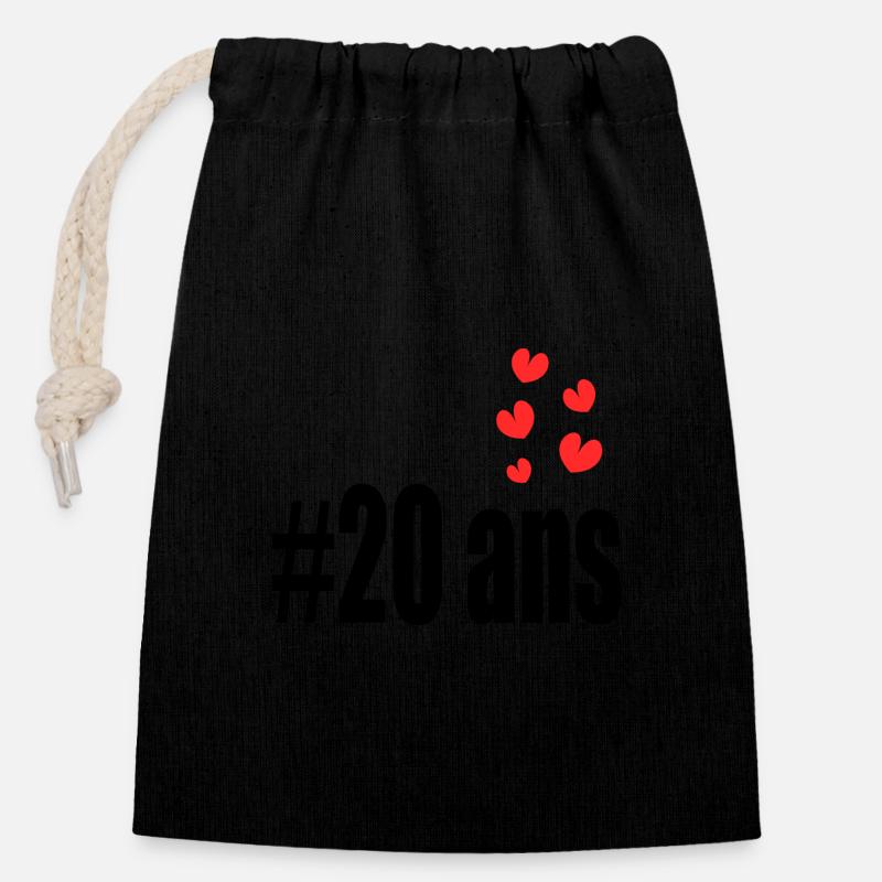 20 ANS. 20e ANNIVERSAIRE. ANNIVERSAIRE 20 ANS. 20 - Sac cadeau en coton avec cordon (14 x 20 cm) - noir