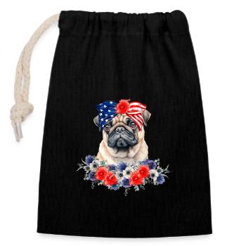 Mops Hundehalstuch Amerikanische Flagge 4. Juli - Verschließbarer Geschenkbeutel aus Baumwolle (14x20cm) - Schwarz - Vorne