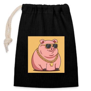 dickes Schwein mit Goldkette und Sonnenbrille - Verschließbarer Geschenkbeutel aus Baumwolle (14x20cm) - Schwarz - Vorne