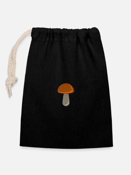 Champignon brodé - Sac cadeau en coton avec cordon (14 x 20 cm) - noir